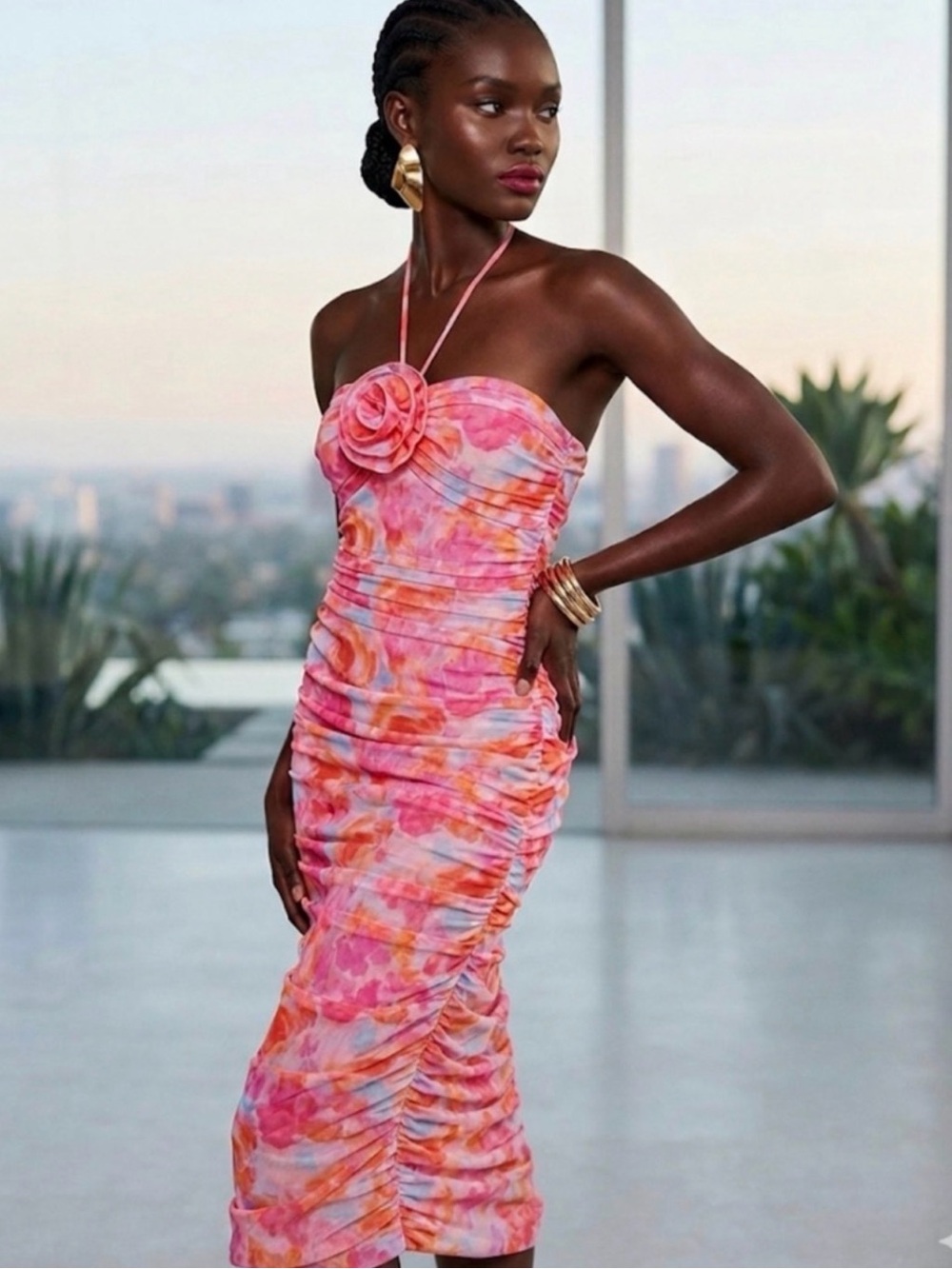 NWOT Zara Floral Ruched Rosette Midi Dress | Pink Orange Strapless | Size US L